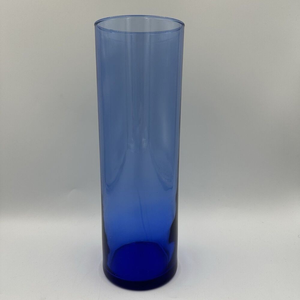 Vintage Cobalt Blue Art Glass Cylinder Vase 10” Tall Heavy Glass Decor